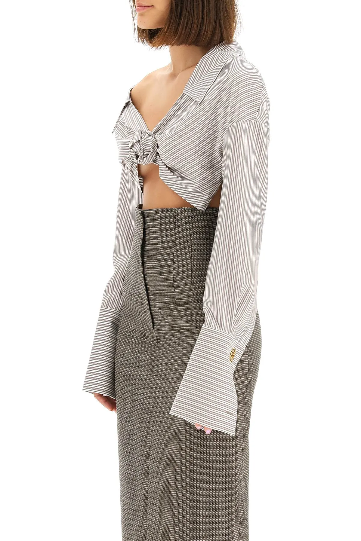 Fendi Striped Asymmetric-Collar Cropped Shirt