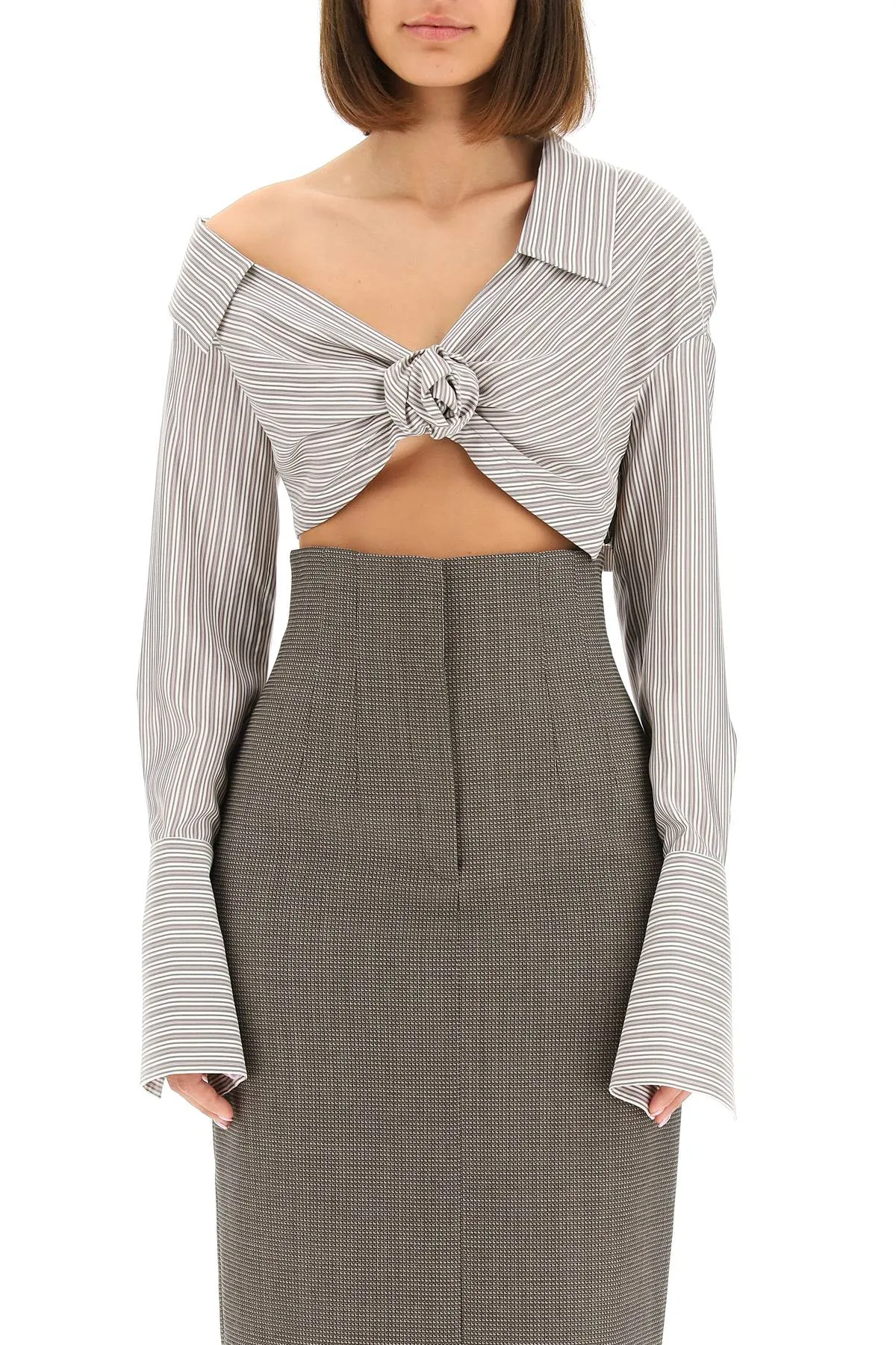 Fendi Striped Asymmetric-Collar Cropped Shirt