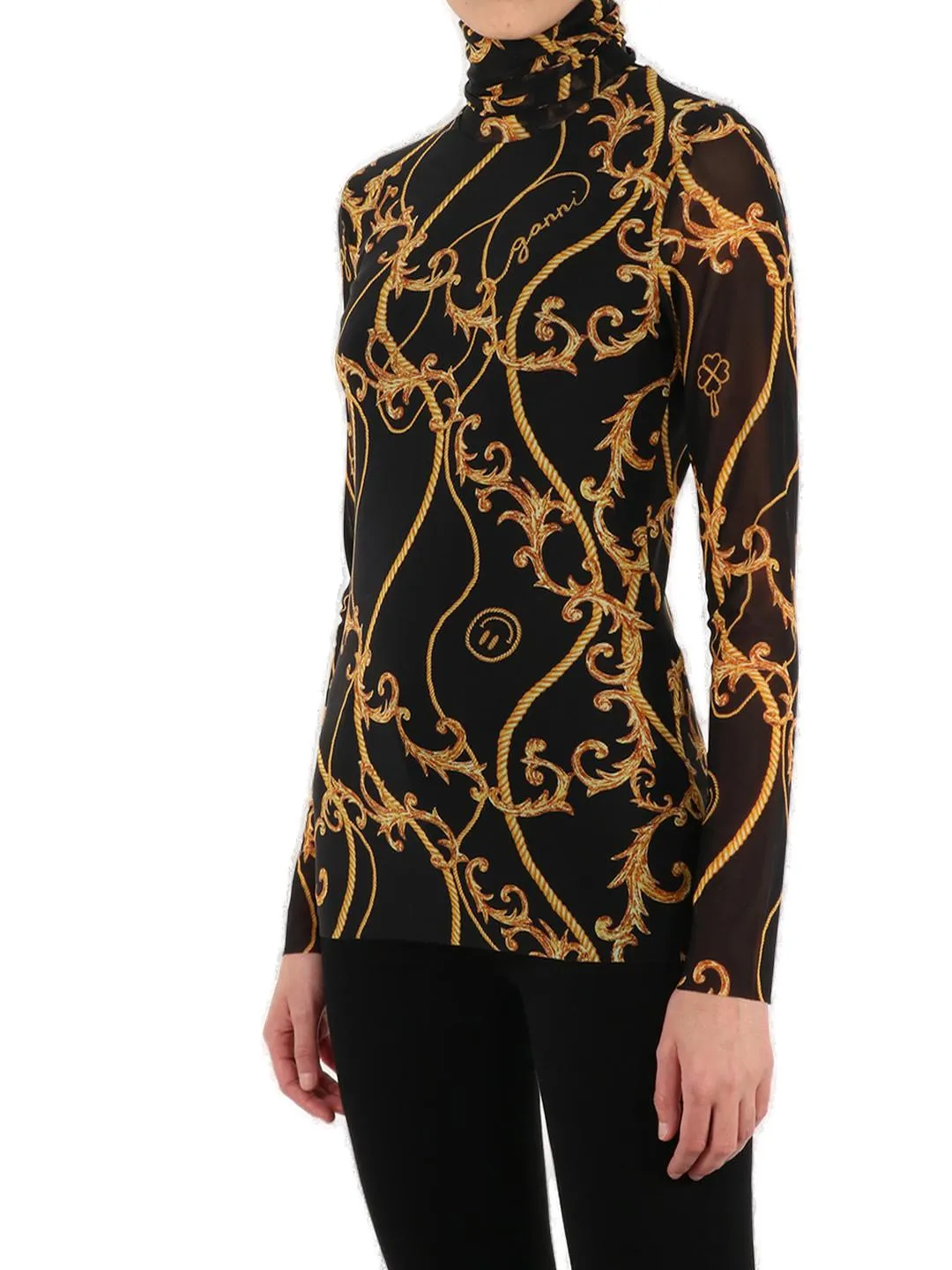 Ganni Printed Roll-Neck Mesh Top