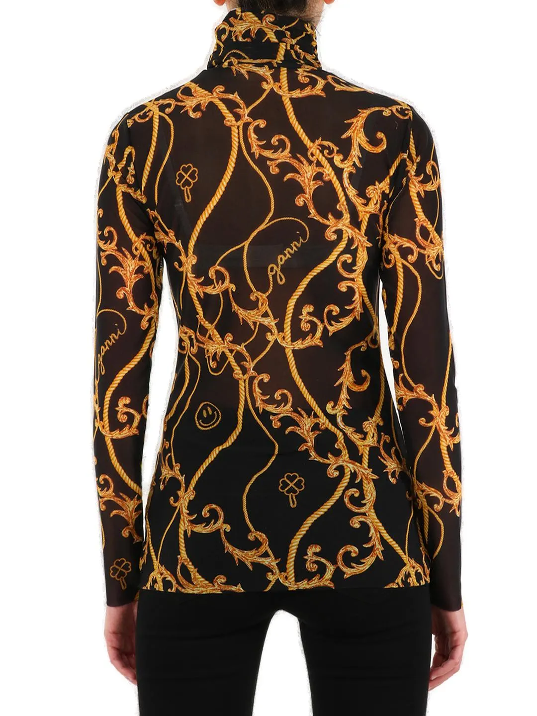 Ganni Printed Roll-Neck Mesh Top