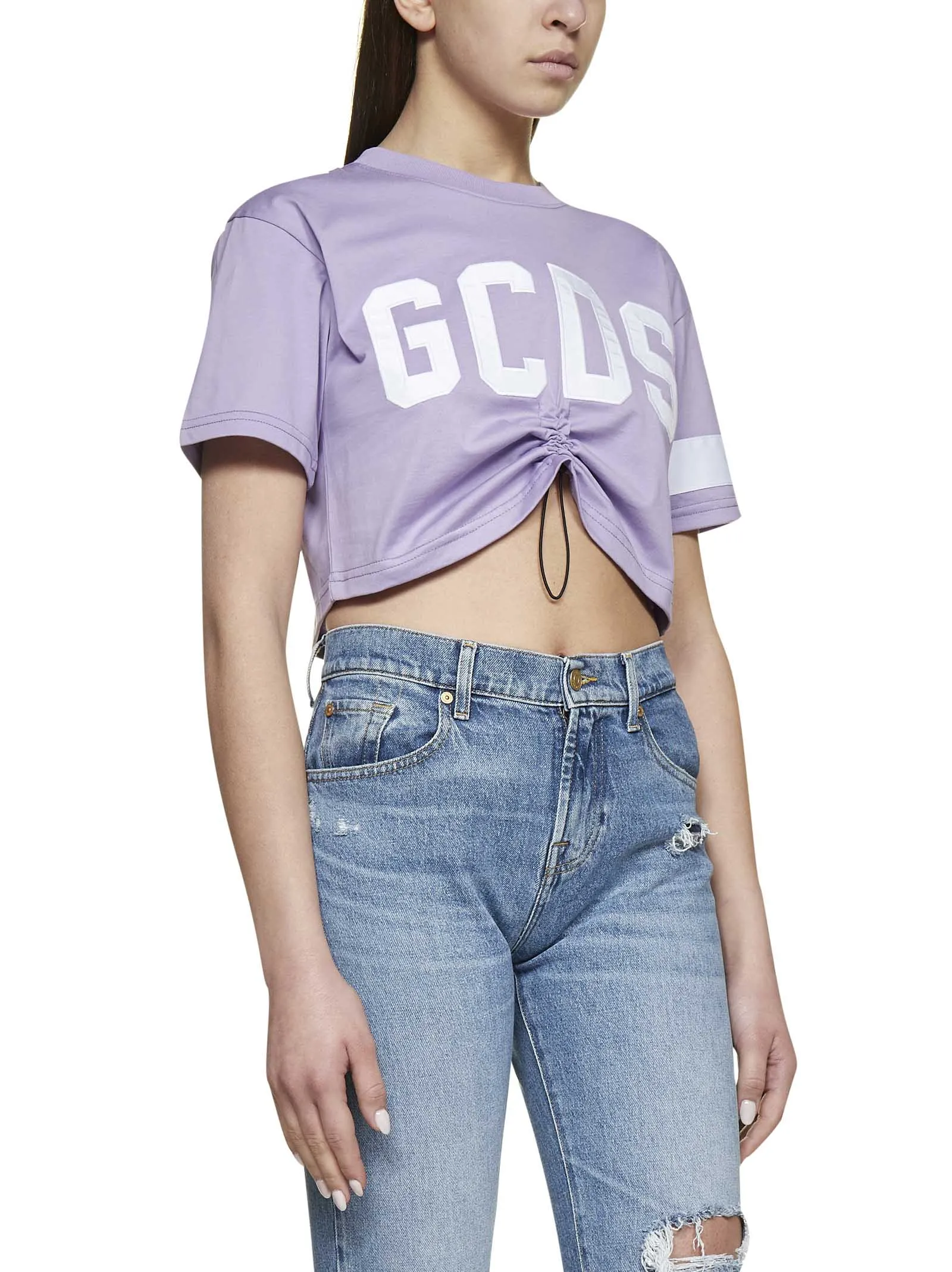 GCDS Logo Embroidered Drawstring Cropped T-Shirt