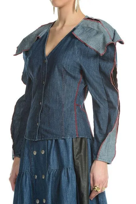 Koch Ruffled V-Neck Denim Shirt