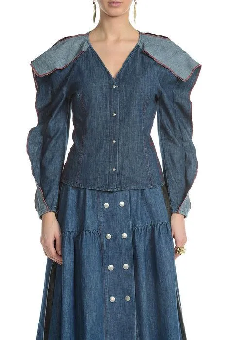 Koch Ruffled V-Neck Denim Shirt