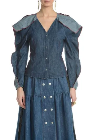 Koch Ruffled V-Neck Denim Shirt