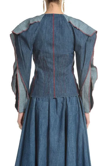 Koch Ruffled V-Neck Denim Shirt