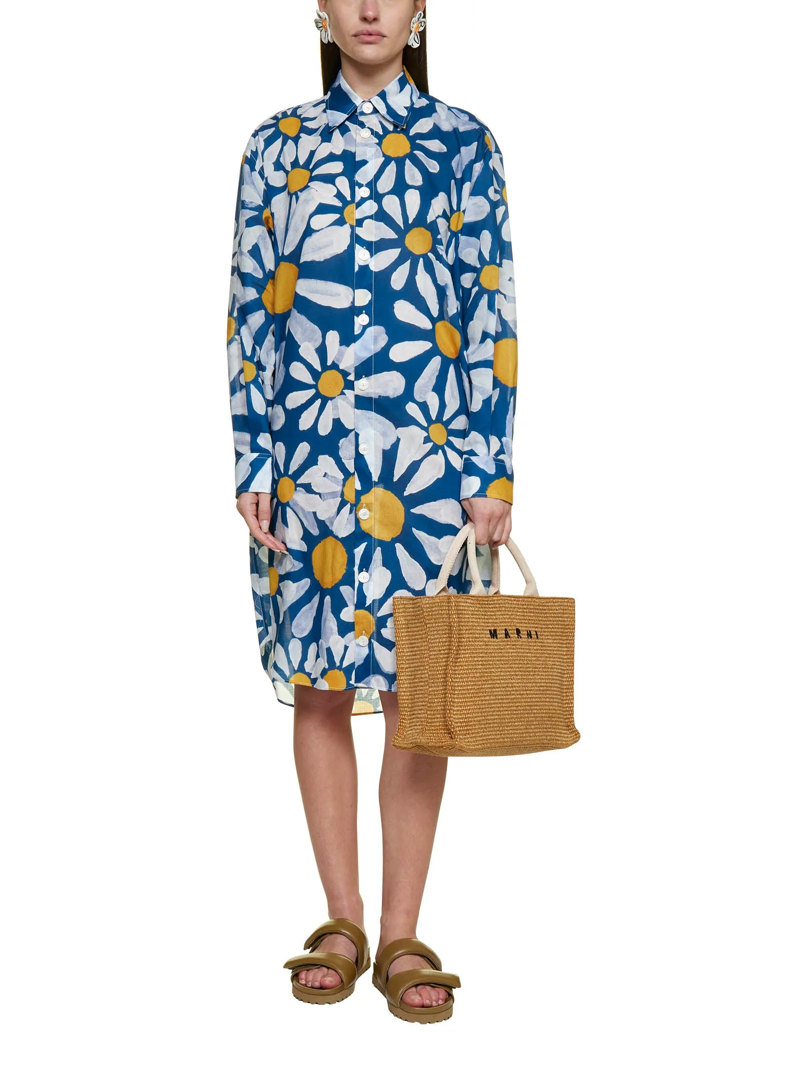 Marni Floral Printed Long-Sleeved Shirt Dress