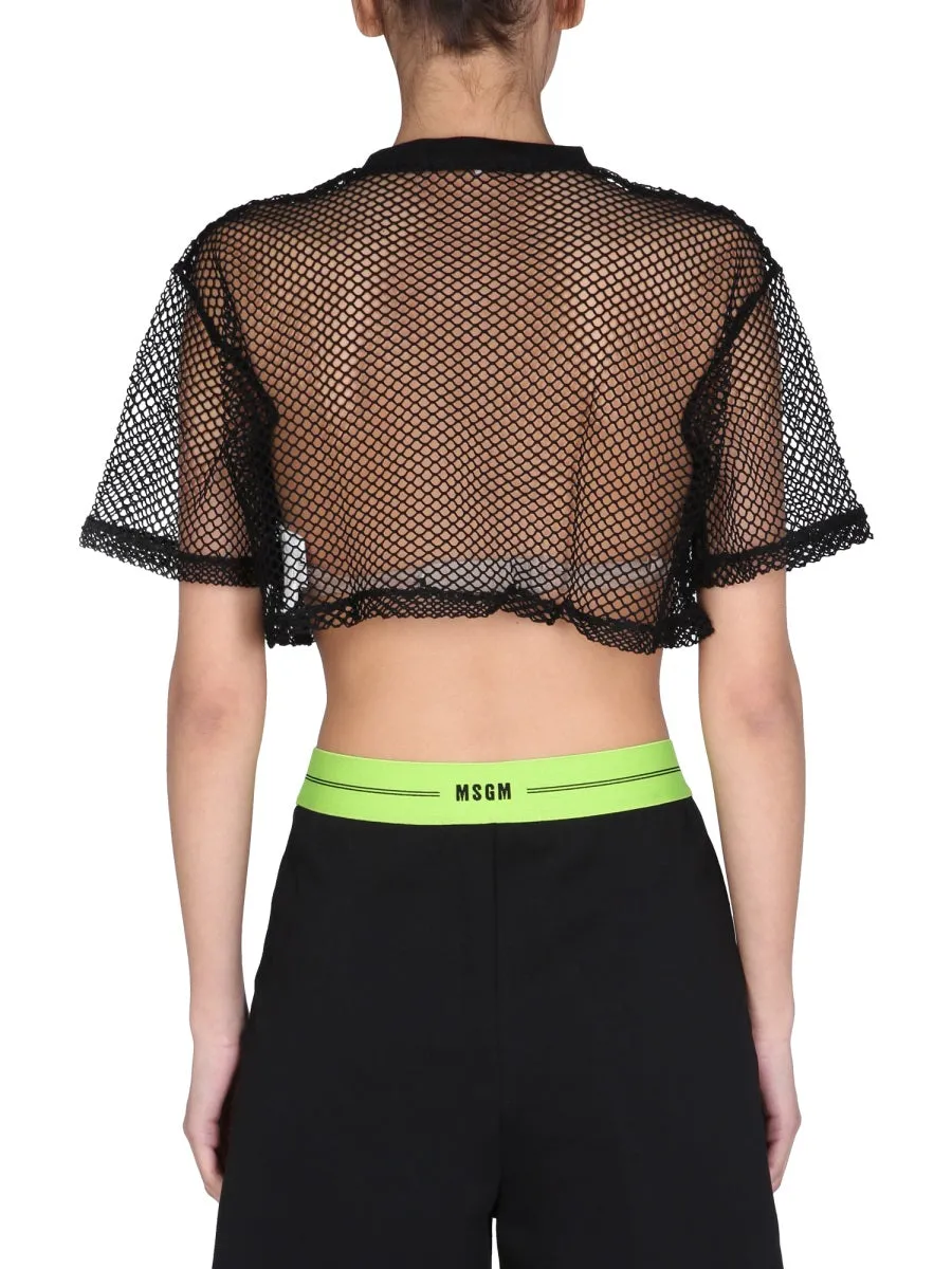 MSGM Logo Print Mesh Cropped T-Shirt