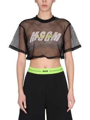 MSGM Logo Print Mesh Cropped T-Shirt