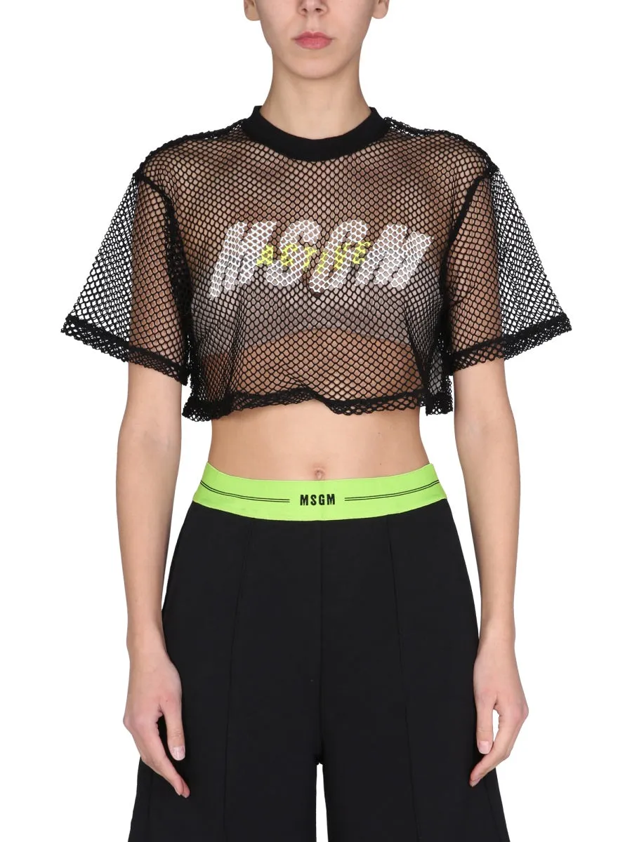 MSGM Logo Print Mesh Cropped T-Shirt