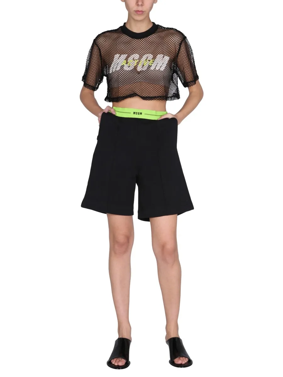 MSGM Logo Print Mesh Cropped T-Shirt
