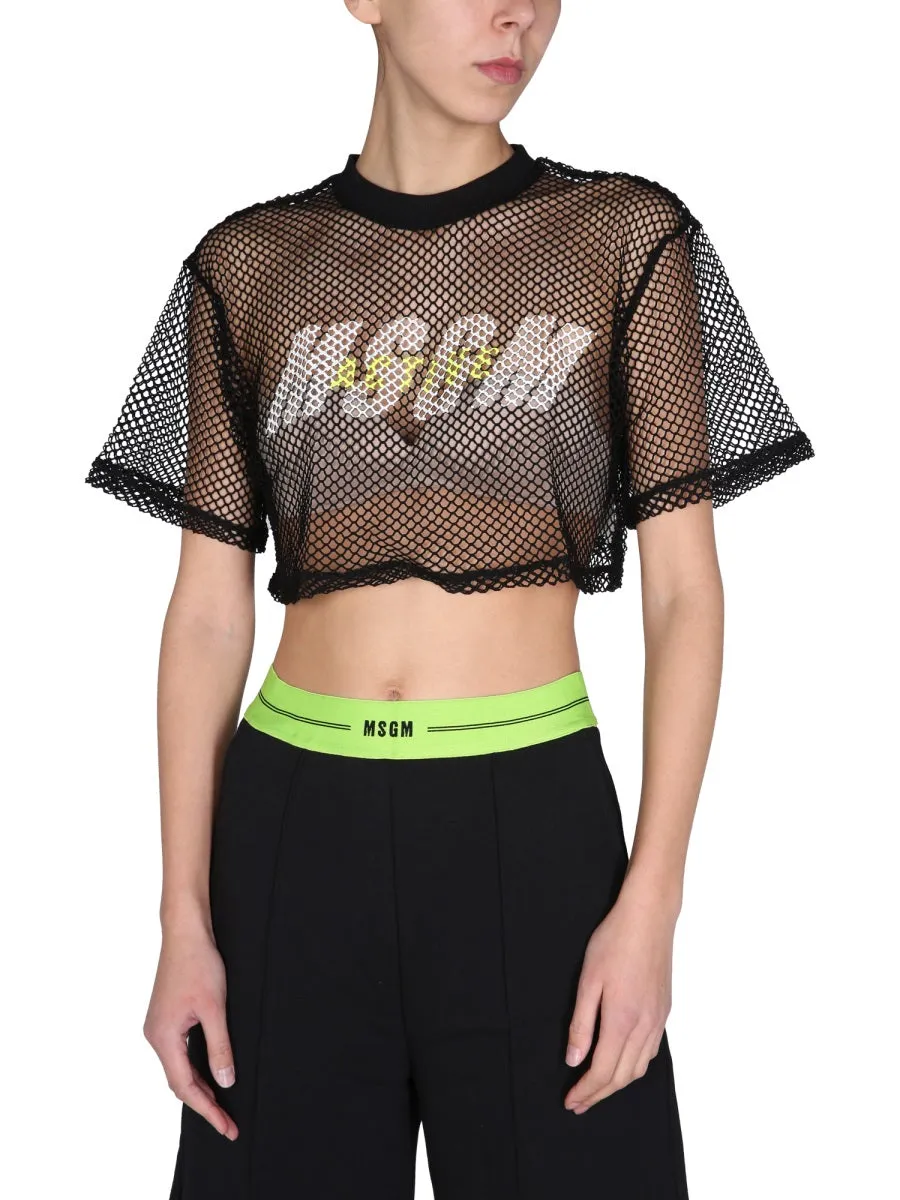 MSGM Logo Print Mesh Cropped T-Shirt