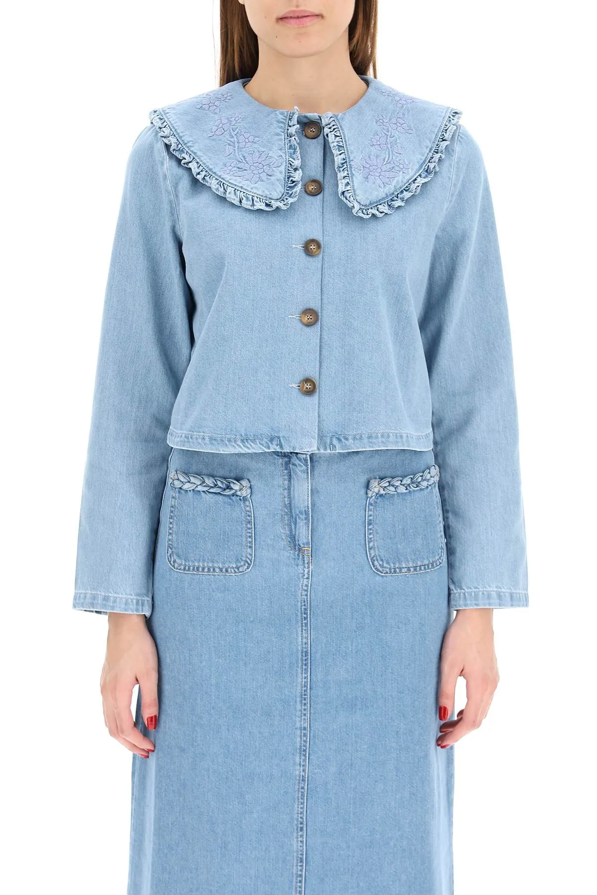 Rixo Debbie Embroidered Buttoned Denim Shirt
