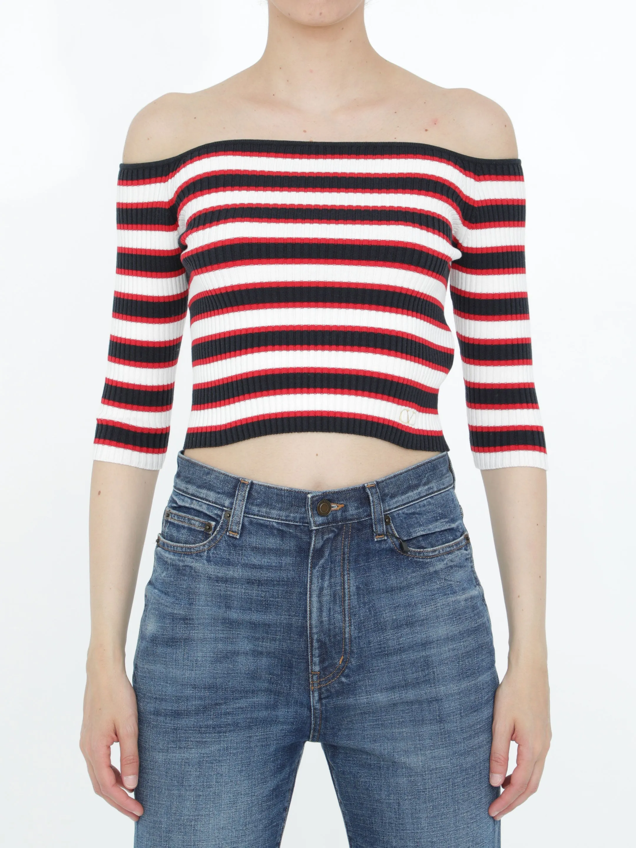 ValentinoStriped Off-Shoulder Knitted Top